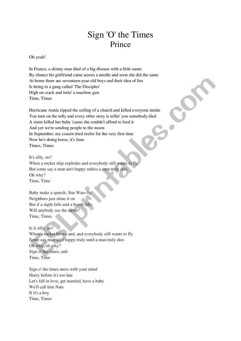 Sign O the Times worksheet