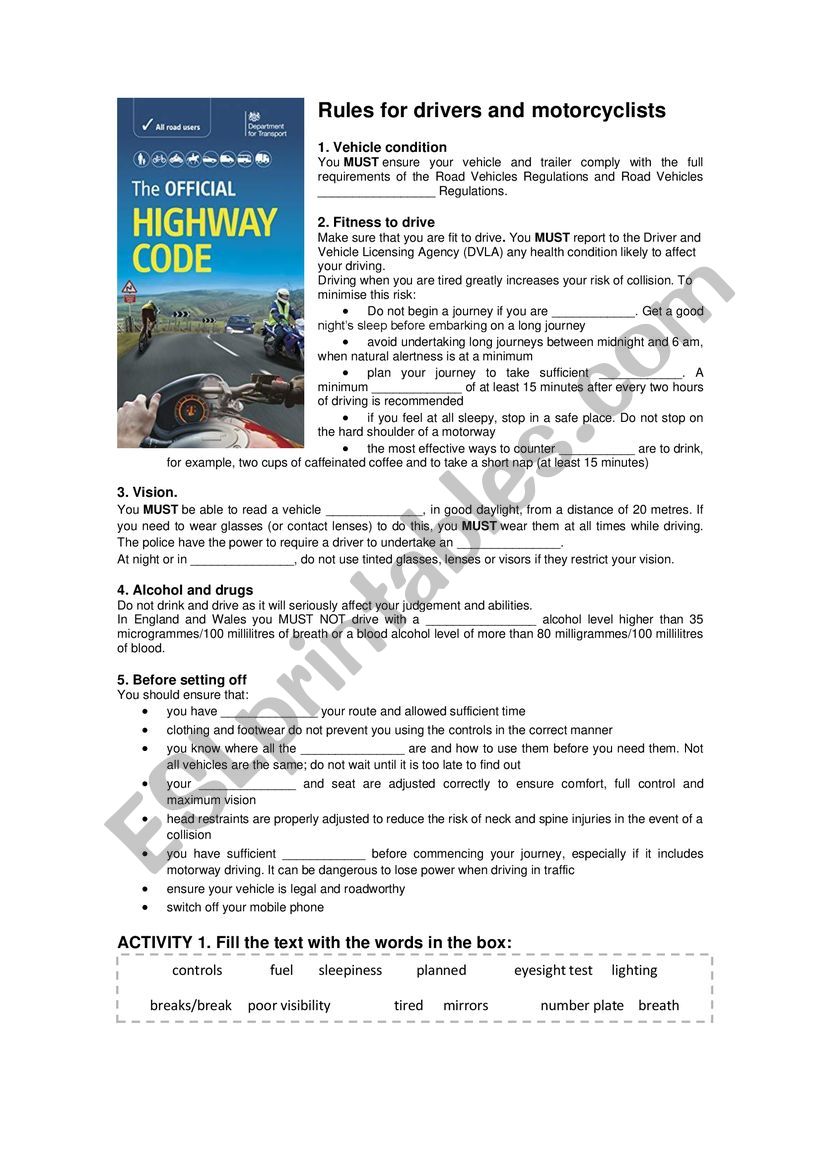 The Highway Code worksheet worksheet