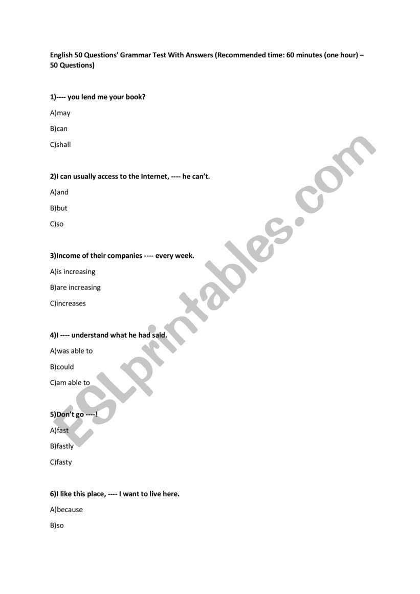 English 50 QuestionsÃ¯Â¿Â½ Grammar Test With Answers