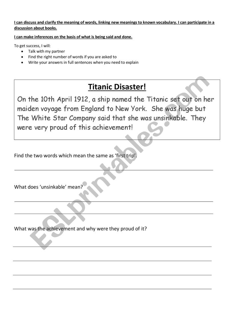 Titanic Text Para 1 worksheet
