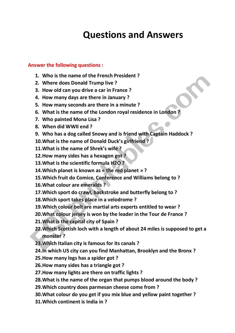 How much do you know? worksheet