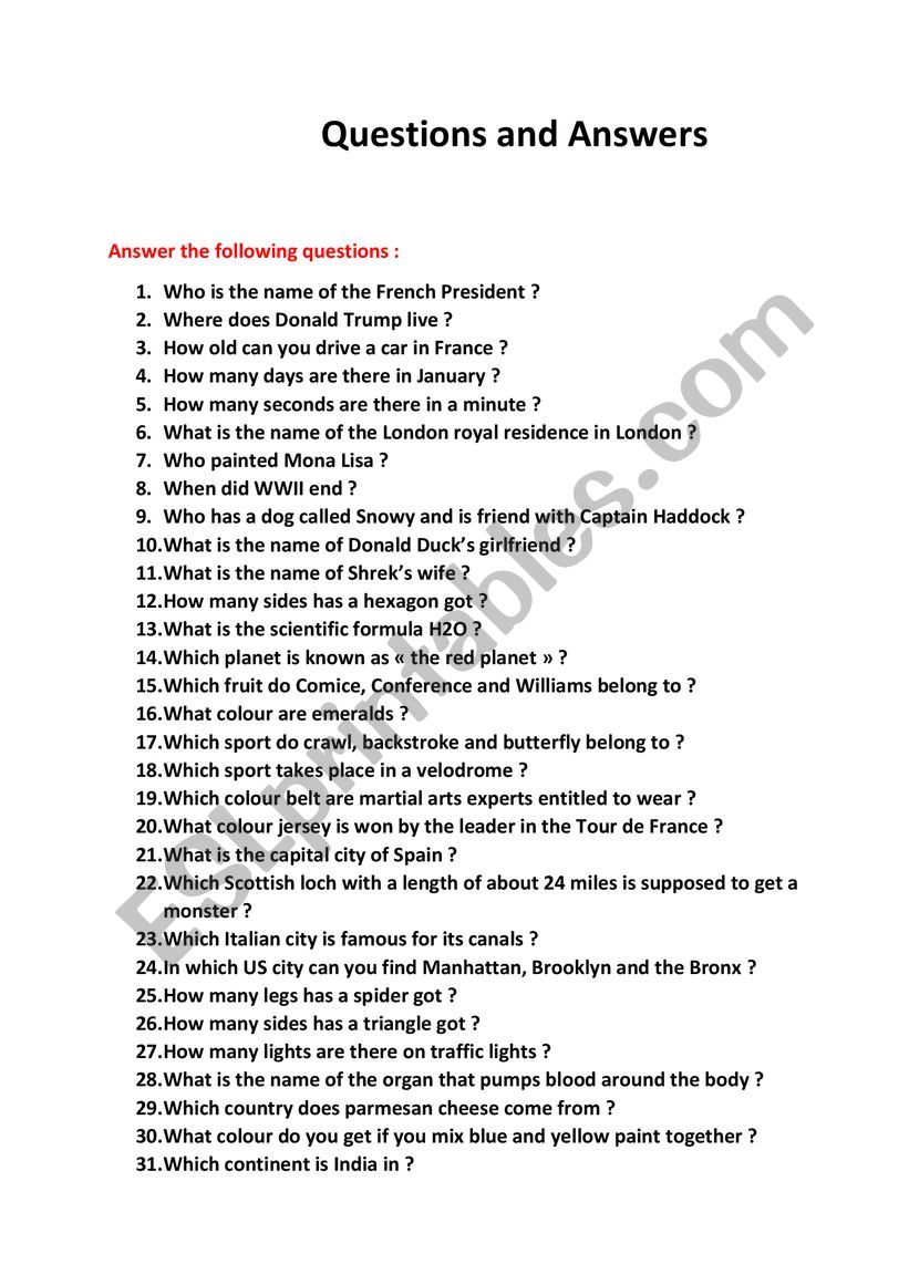 How much do you know? worksheet