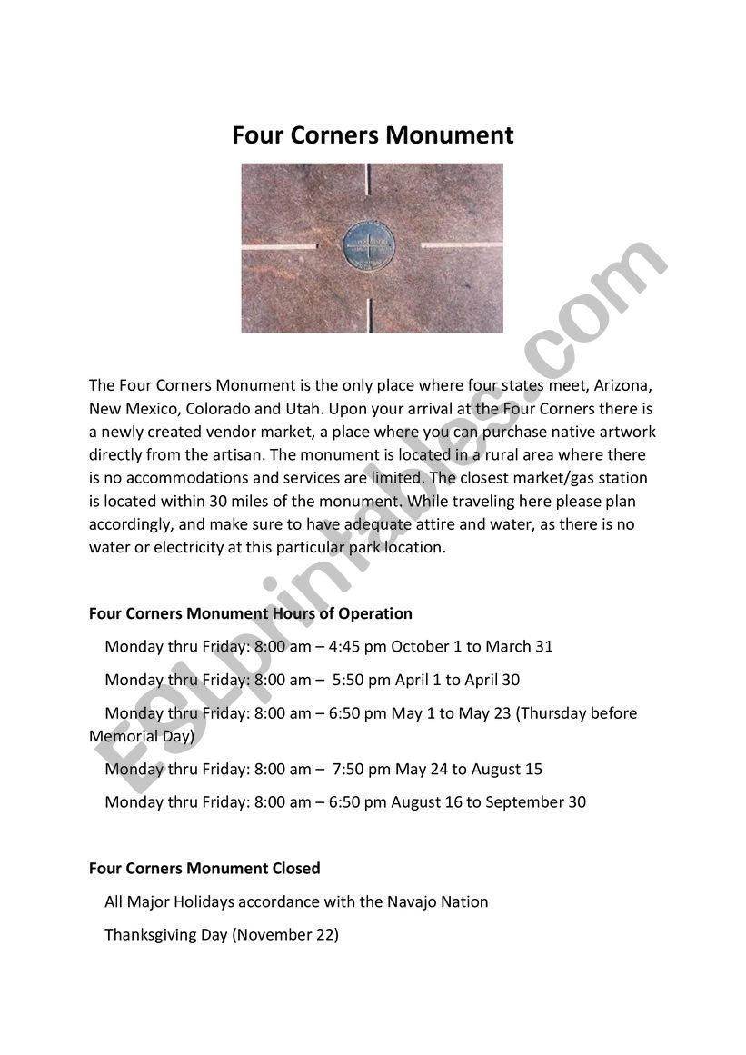 Four Corners Monument worksheet