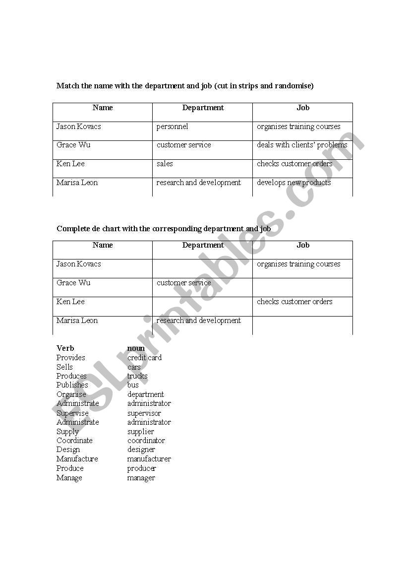 company departments  worksheet