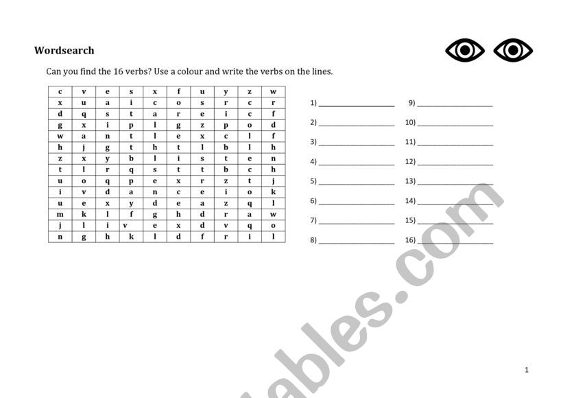 word search: 16 miscellaneous verbs (with solutions)