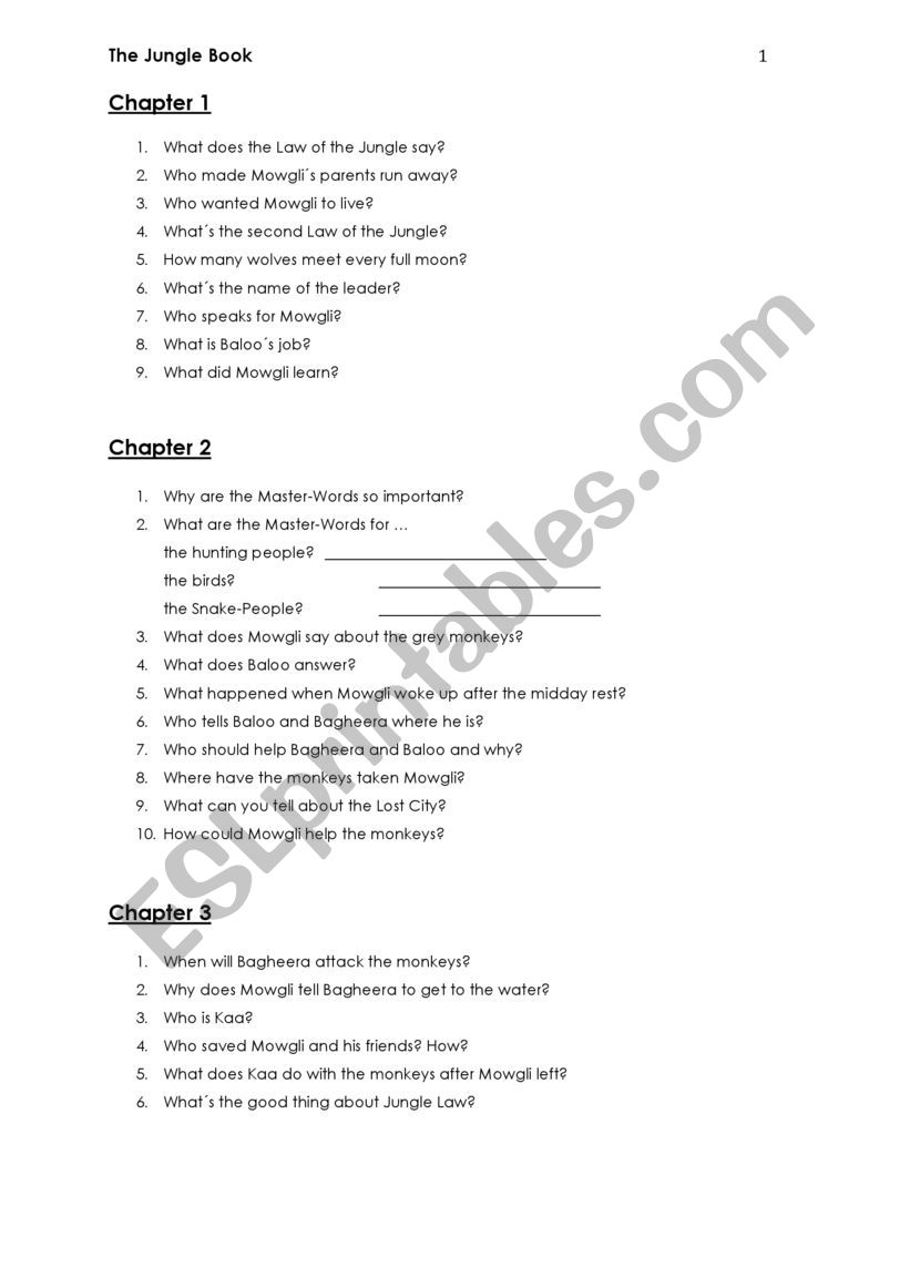 Jungle Book Reading Questions worksheet