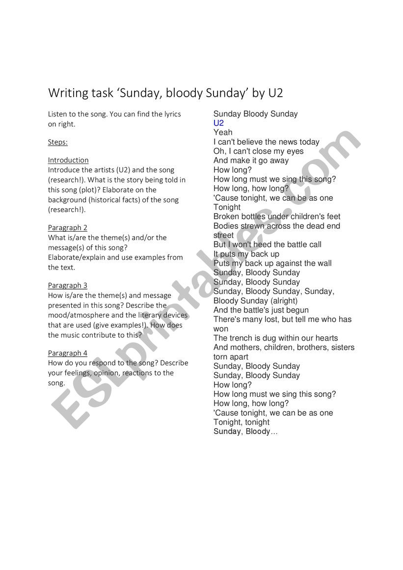 U2 - Sunday, bloody Sunday (writing task)