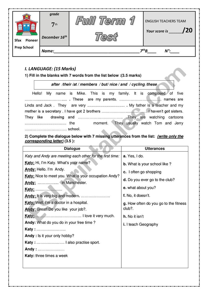 Sfax Pioneer Prep School 2020 worksheet