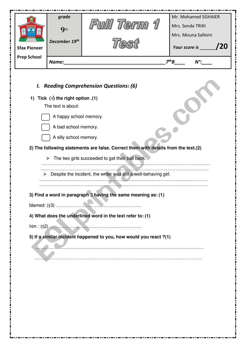 Sfax Pioneer Prep School 2020 worksheet