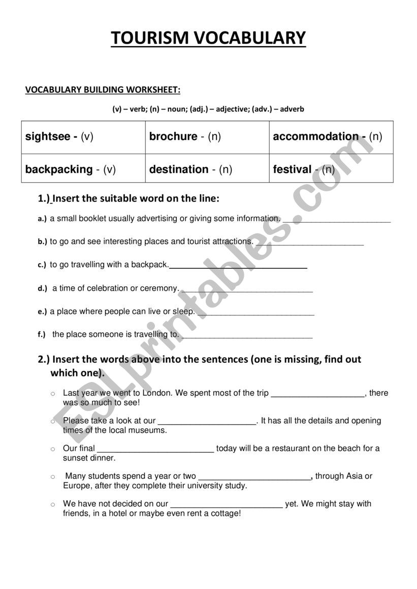 Tourism Vocabulary Worksheet worksheet