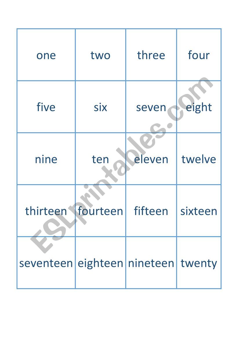 Numbers from 0 to 20 - memory worksheet
