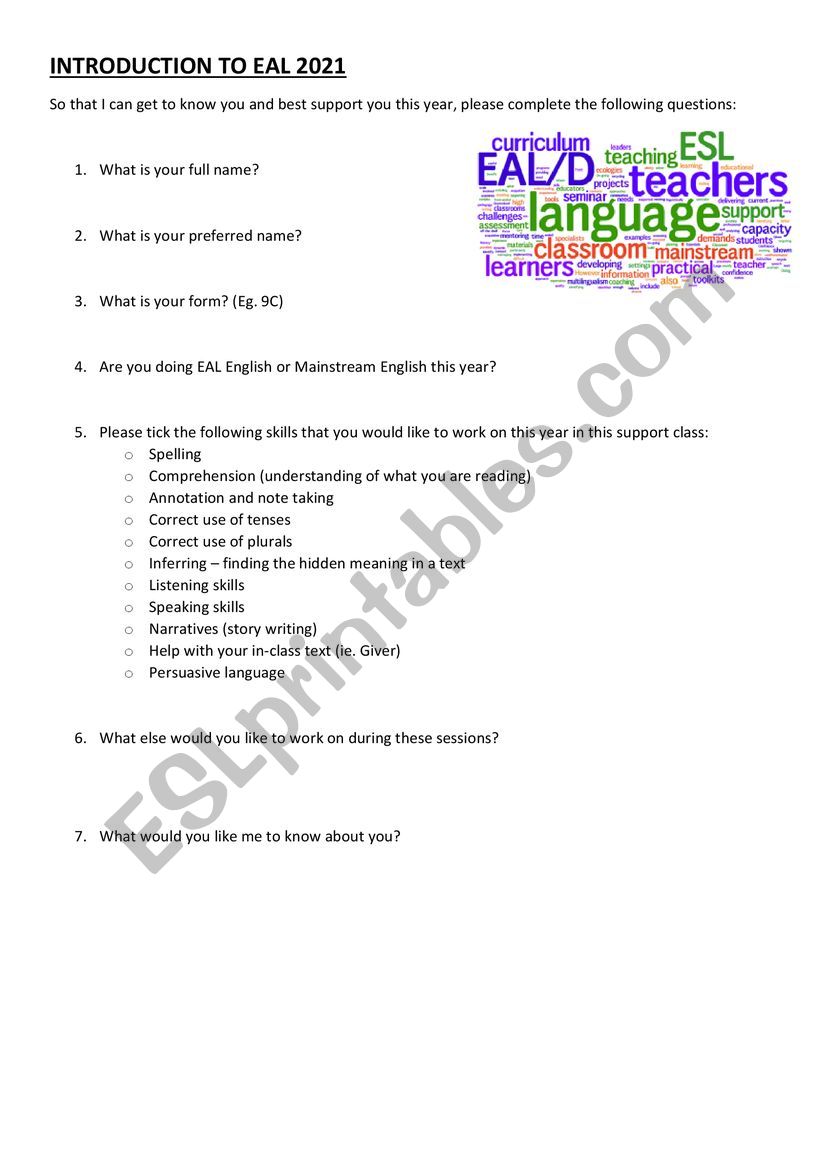 Introduction to EAL worksheet