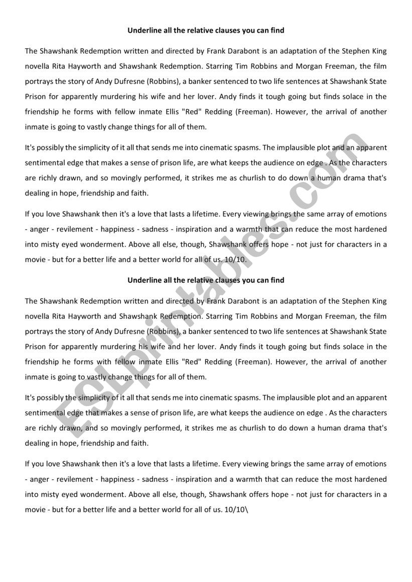 Identify relative clause worksheet