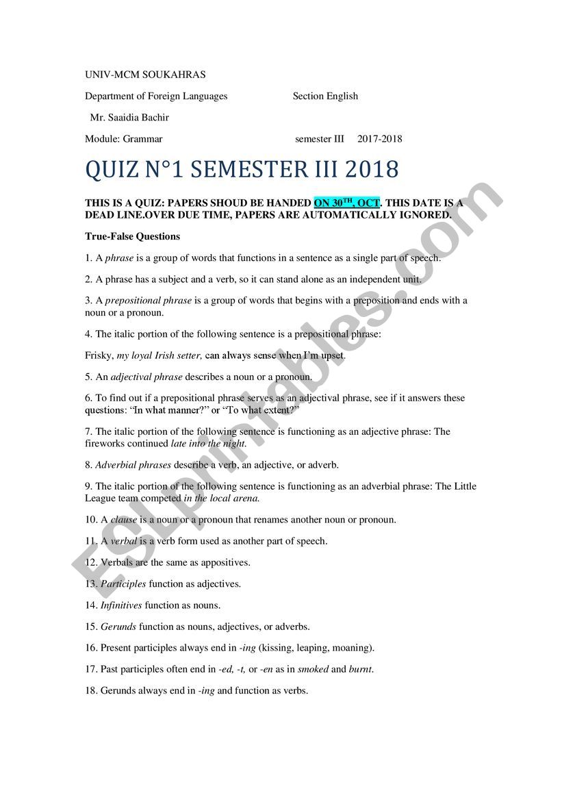 Module: Grammar       2017-2018 QUIZ N1 SEMESTER III 2018