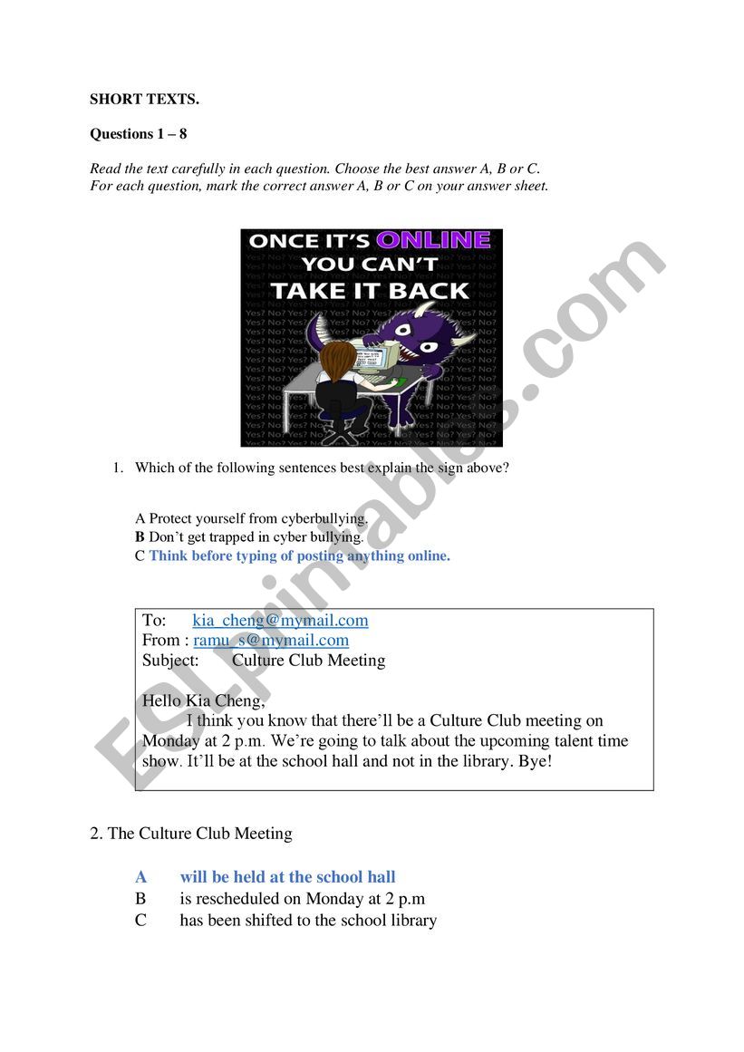SHORT TEXTS MCQ (EMAIL, SIGN, SHORT MESSAGE, ADVERTISEMENT)