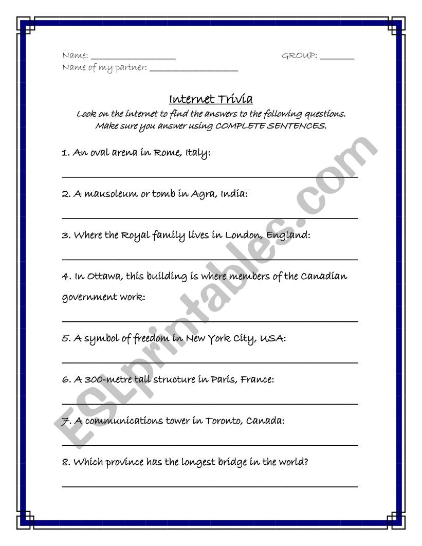 Travel Internet Trivia worksheet