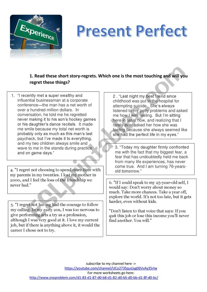 Present Perfect worksheet (regrets)