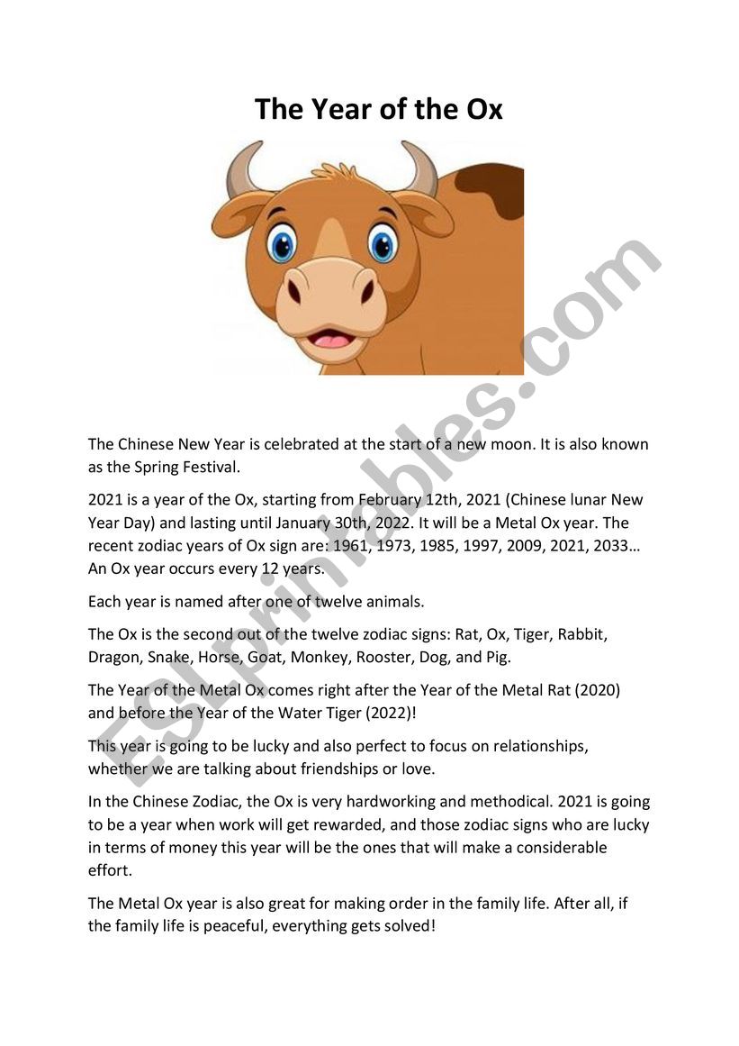 The Year of the Ox worksheet