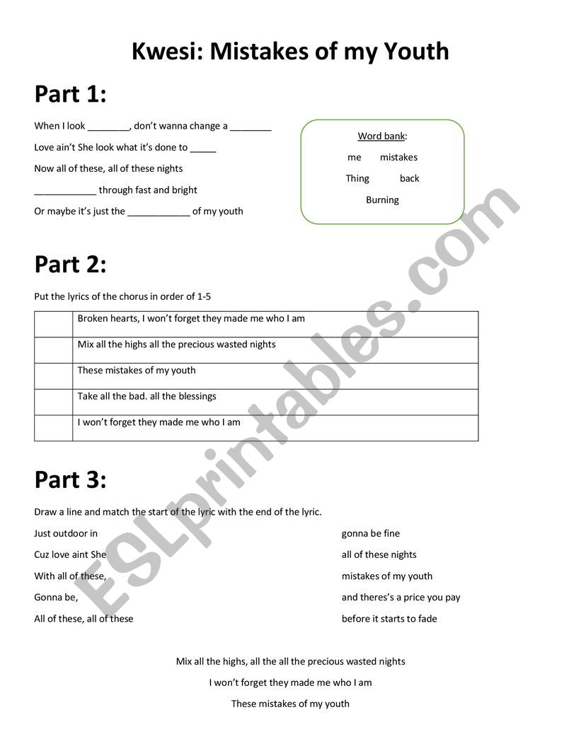 Kwesi: Mistakes Of My Youth worksheet