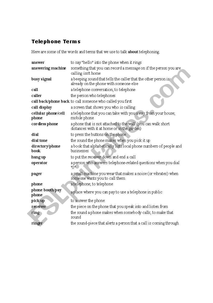 Telephone Vocabulary worksheet