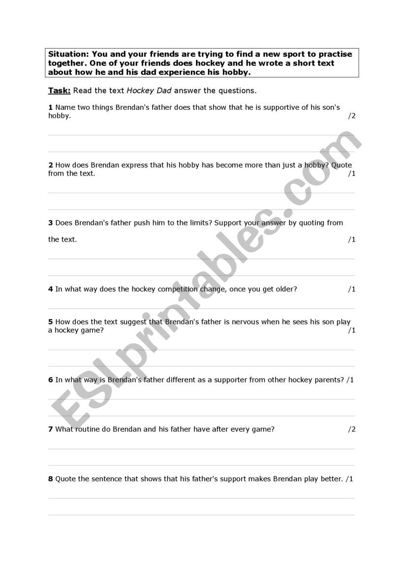 Reading text: Hockey Dad worksheet