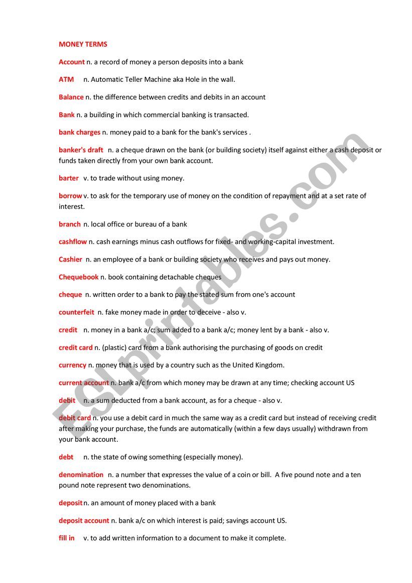 Money terms worksheet