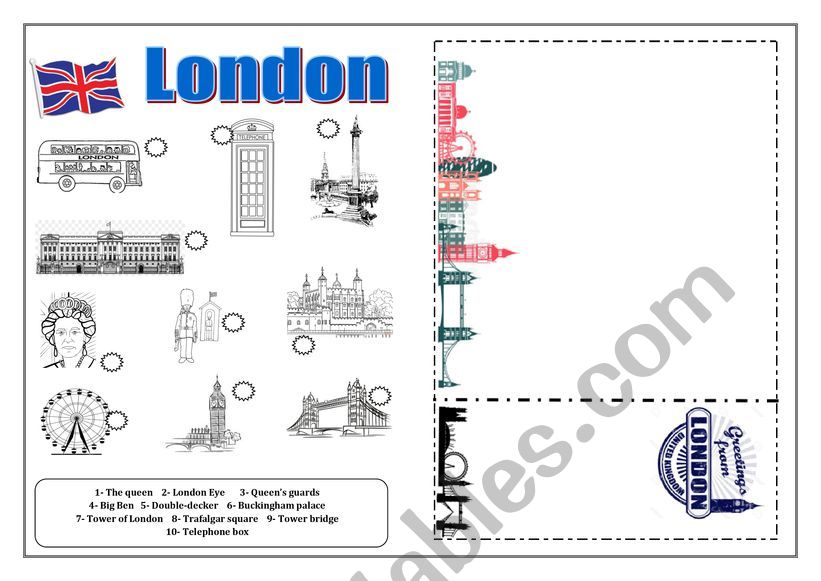 London icons and a postcard worksheet