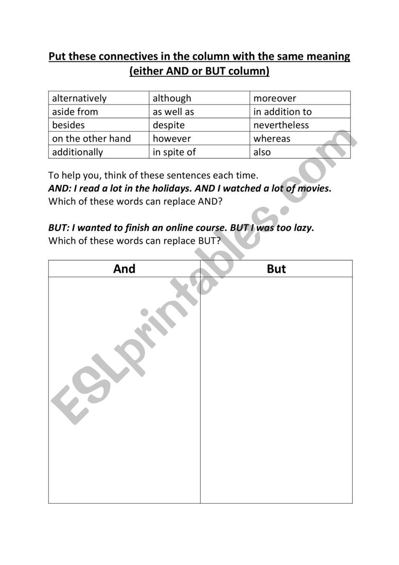 Connectives synonyms worksheet