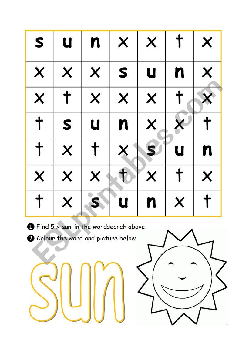 Basic SUN Wordsearch  pre-school toddler esl child beginner