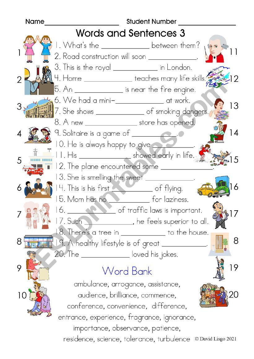 Words and Sentences 3 with answer key.