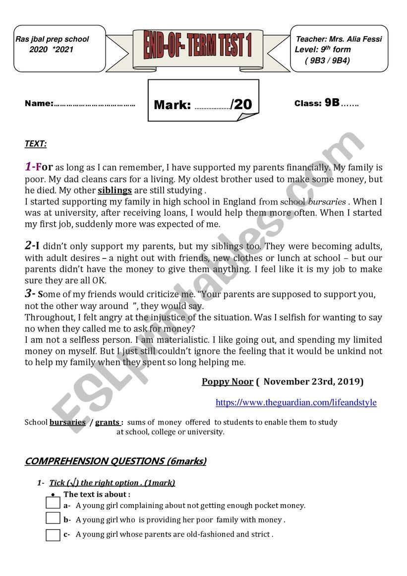  9TH FORM END OF FIRST TERM TEST 