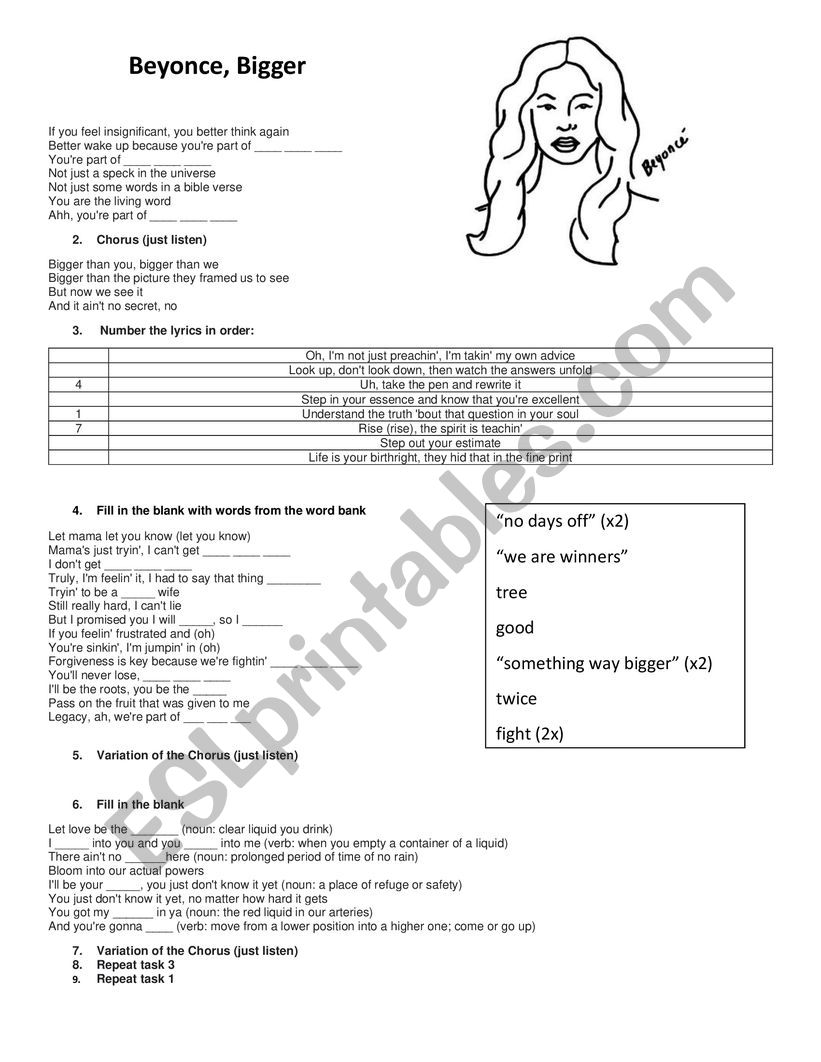 Beyonce Bigger worksheet