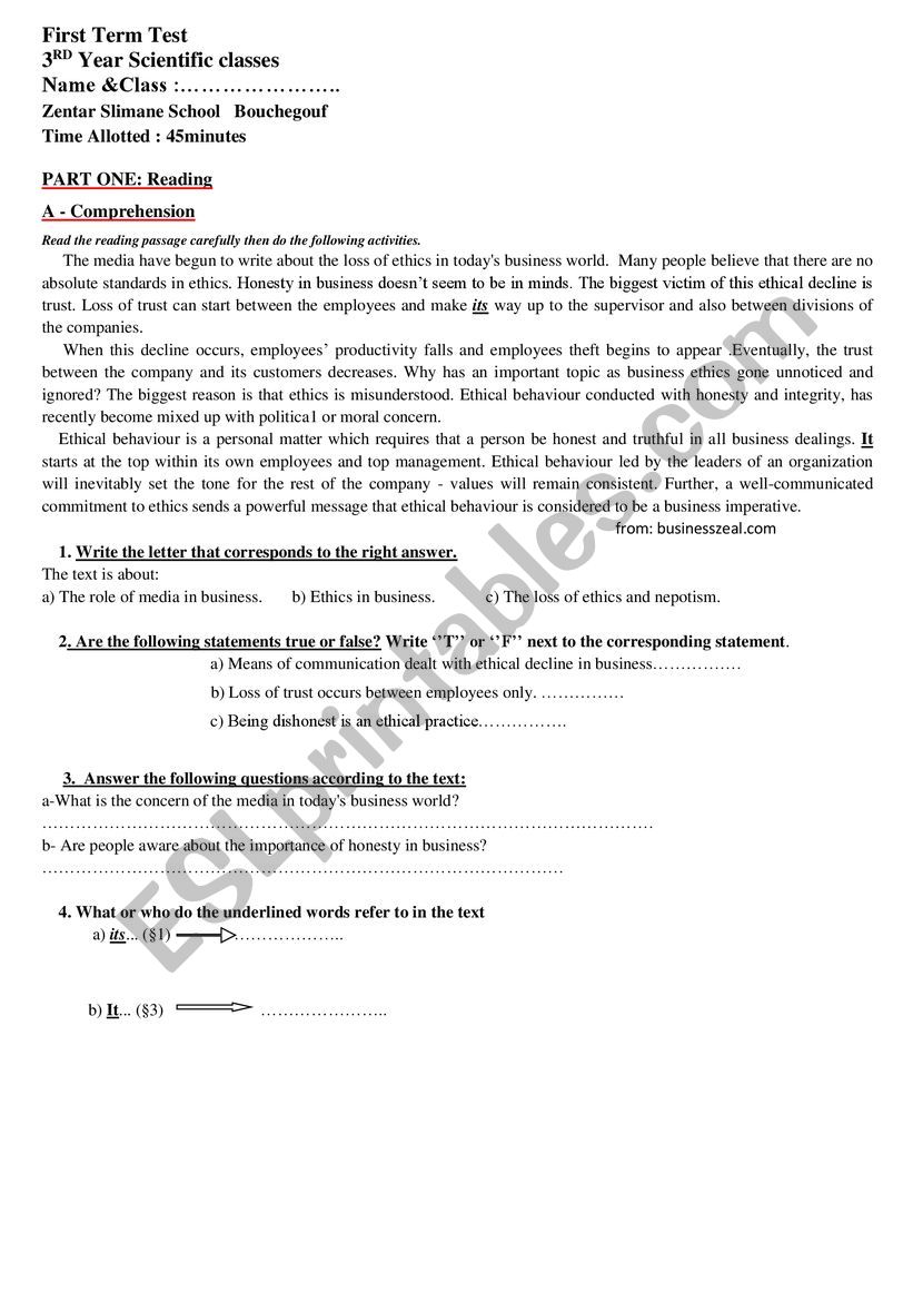 first term test 3rd year classes scientific stream