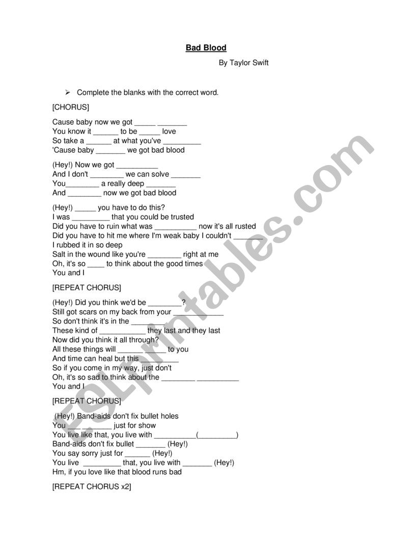 BAD BLOOD - Taylor Swift worksheet