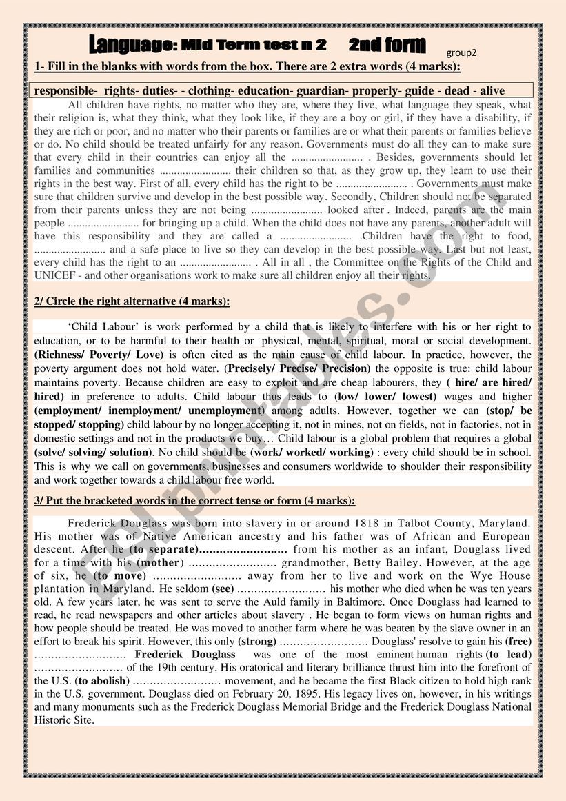 Language: Mid-Term test 2 for 2nd form group 2   key included