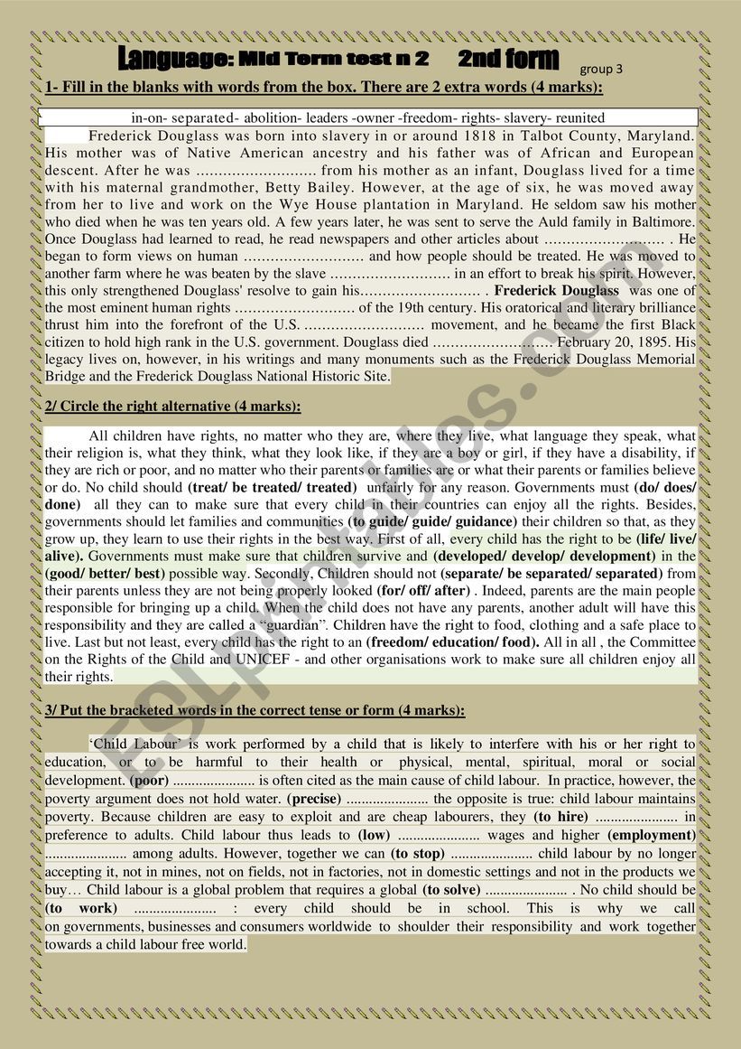 Language: Mid-Term test 2 for 2nd form group 3  key included