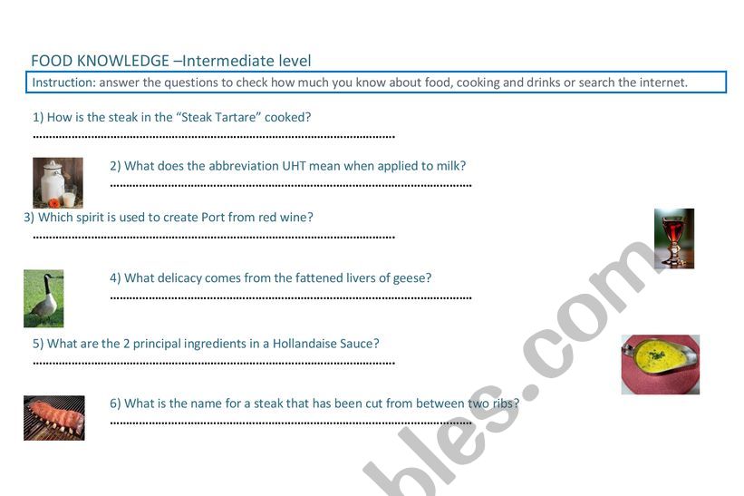 Food Knowledge worksheet