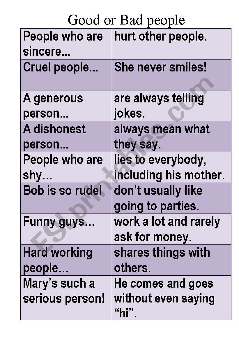 Good or bad people worksheet