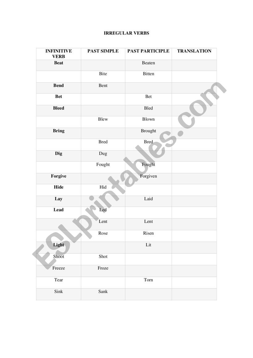 Irregular verbs A2 worksheet