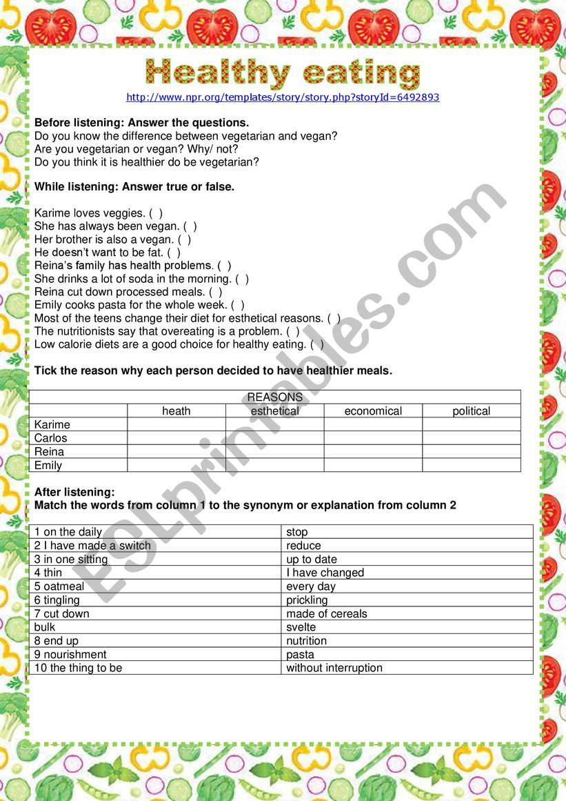 Listening - Healthy eating worksheet