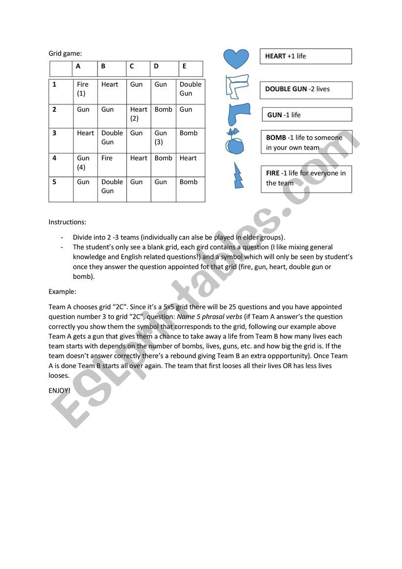 GAME: GRID GAME worksheet