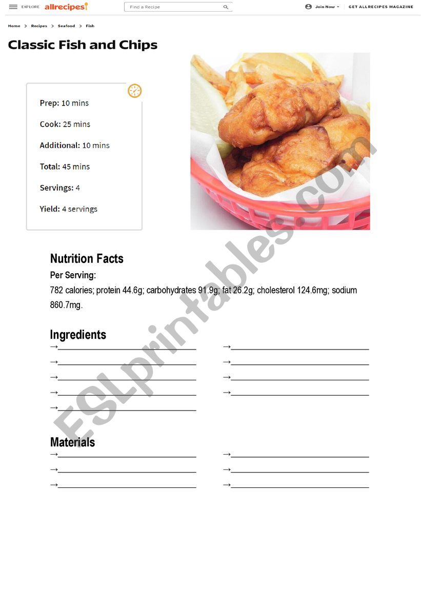 fish and chips  worksheet