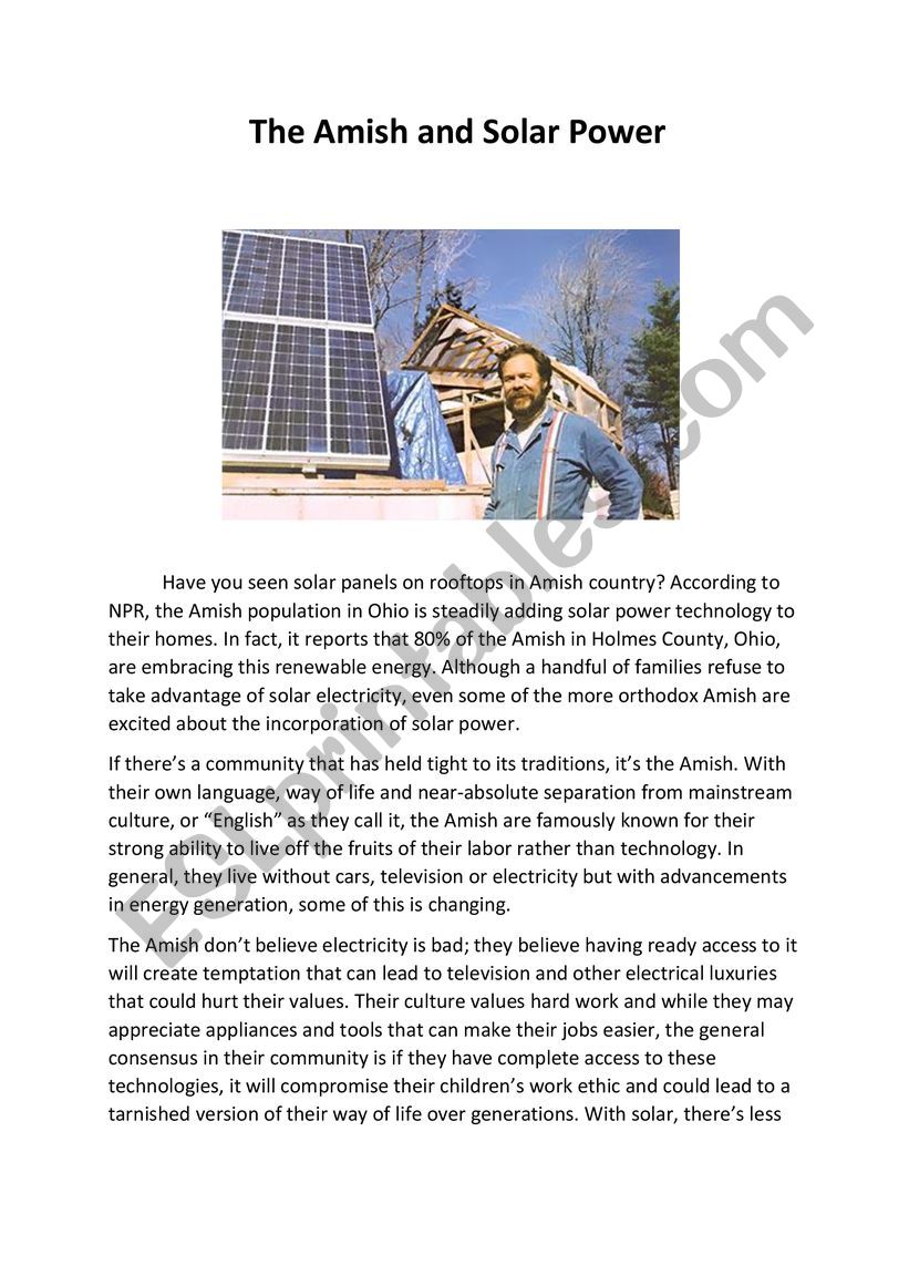 The Amish and Solar Power worksheet
