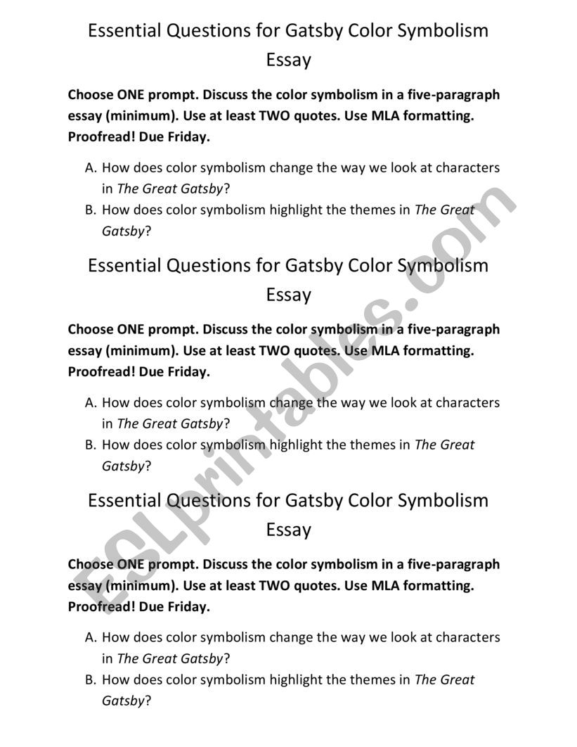 Gatsby Color Symbolism Essay worksheet
