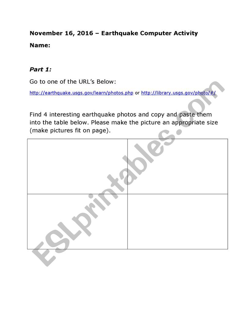 Earthquake computer task worksheet