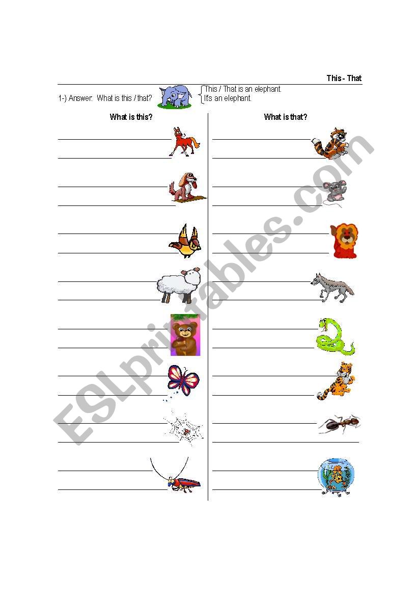 This - That with animals worksheet