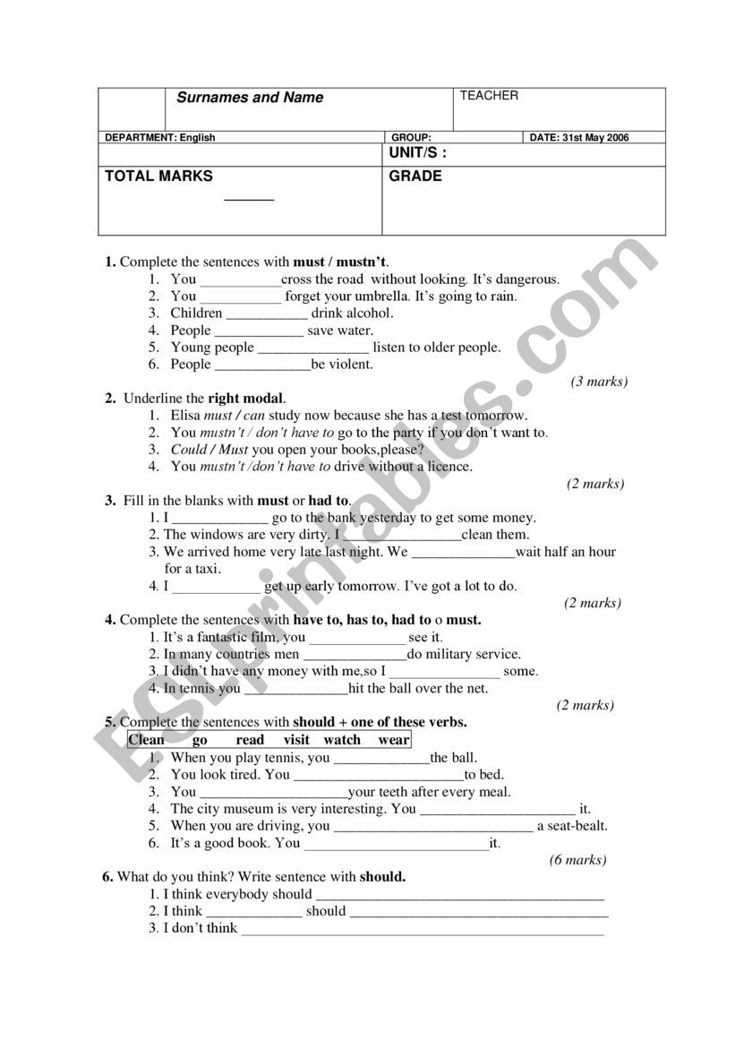 Modals worksheet