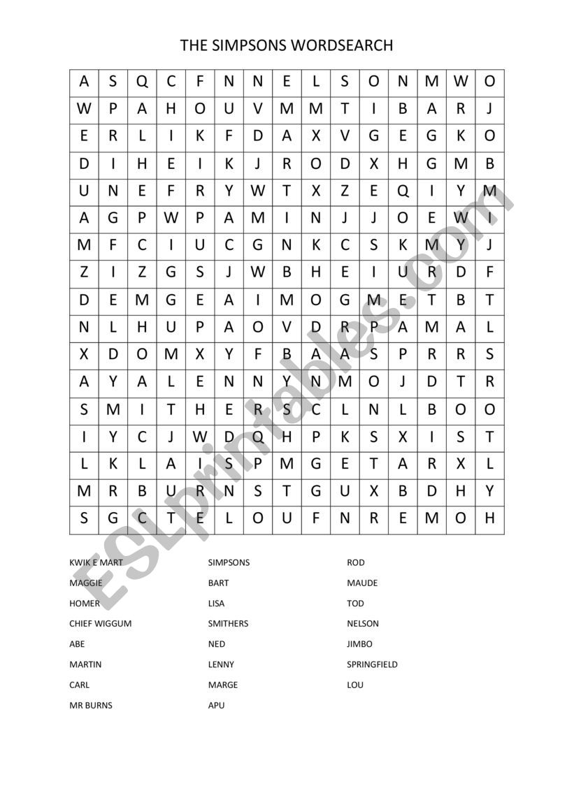 The Simpsons Wordsearch worksheet