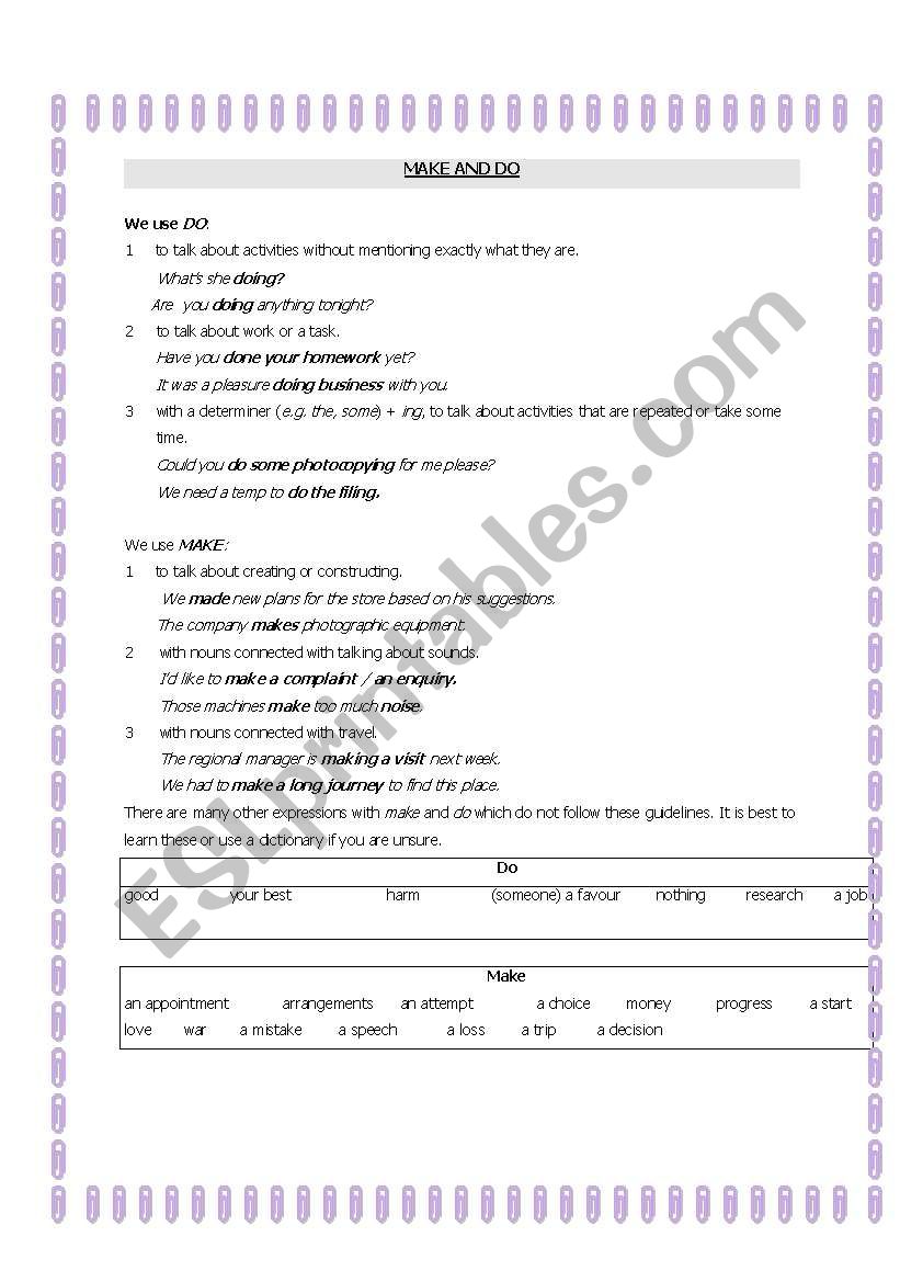 Make and do worksheet