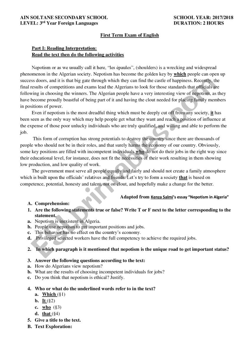 nepotism worksheet